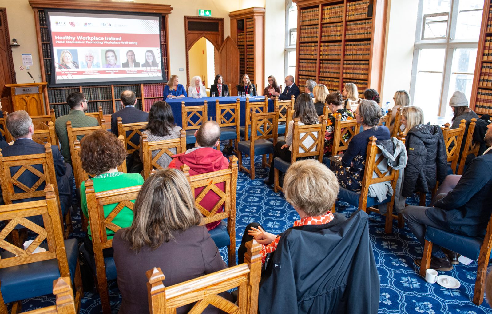 Panel discussion at the Healthy Workplace Ireland report launch at the Council Room at UCC